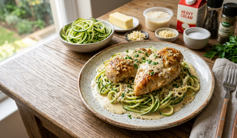 Creamy Garlic Butter Chicken with Zucchini Noodles | Recipes | Fitnesswithrea