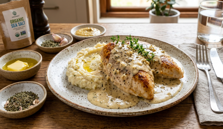 Creamy Garlic Chicken with Cauliflower Mash | recipes | Fitnesswithrea