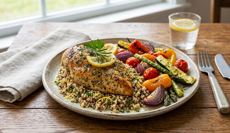 Lemon Herb Chicken with Roasted Vegetables & Quinoa | Recipes | Fitnesswithrea